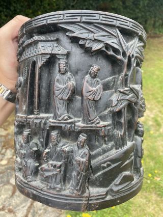 A large 18th/early 19th century Chinese carved hard wood brush pot 3