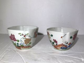2 Fine Antique Chinese Export Famille Rose Porcelain Tea Cups W/ Flowers 18th C