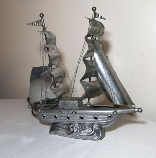 Vintage Silver Tone Figural Handmade Nautical Sail Boat Ship Table Desk Lamp
