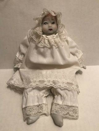 Antique Bisque Porcelain & Cloth Baby Doll Small Size White Gown W/ Pants