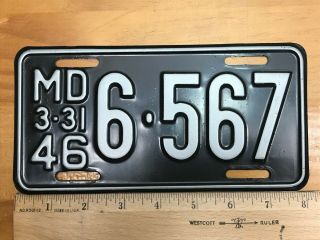 1946 Maryland Motorcycle License Plate Md 3 - 31 46 Tag 6 - 567