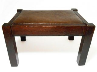 Arts & Crafts/mission Antique Leather Upholstered Sm Dk Stained Oak Foot Stool