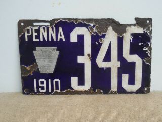 Pennsylvania 1910 3 Digit Porcelain License Plate Great 345