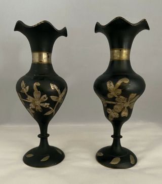 Vintage Pewter Brass Bud Vases (2) India Black And Silver 6 " Hand Etched Floral