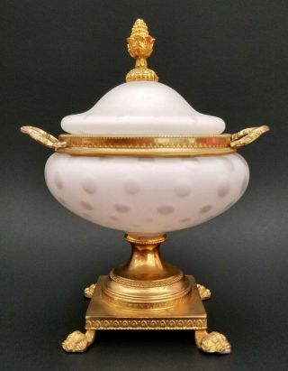Rare Antique French Covered Satin Glass Dish Ormolu Handles & Pedestal - Bubbles