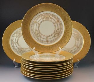 Antique German Bavarian Porcelain Set 12 Dinner Plates 11 " Heavy Gold Encrusted