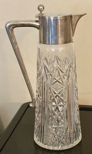 Vintage German 800 Silver Cut Glass Wine Ewer Decanter Pitcher By GebrÜder Kuhn