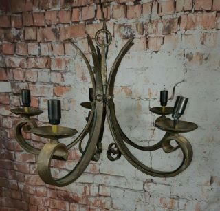 Antique Vintage Gothic Wrought Iron Large 5 Arm Chandelier Arts Crafts Medieval