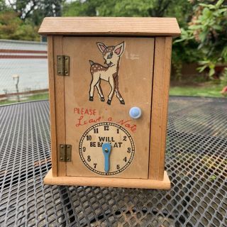 Vintage " Please Leave A Note " Wooden Box W/baby Deer & Clock Image Made In Japan