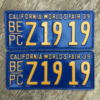 1939 California Truck License Plate Pair Worlds Fair Be Pc Yom 1919 Dmv Clear