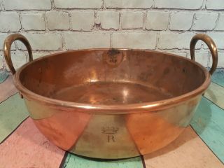 Antique Victorian Solid Heavy Copper Jam Pot Pan Bowl Sink Brass Handles