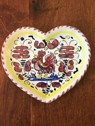 Vintage Deruta Red Rooster Hand Painted Heart Trinket Dish Italian Pottery