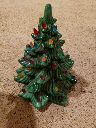 Vintage Ceramic 12 " Green Christmas Tree Porcelain With Ornaments And Base