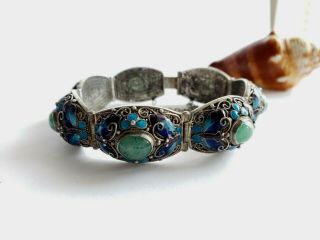 Antique Chinese Export Sterling Silver Jade Enamel Bracelet