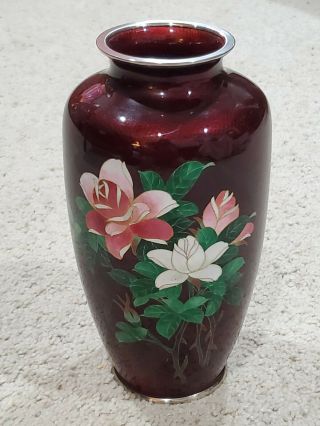 Vintage Oriental Cloisonne Vase - Pigeon Blood W/ Pink White Rose Flowers – 8 ½”