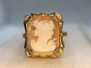 Estate Vintage Antique 10k Yellow Gold Pink Lady Carved Cameo Ring