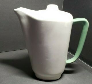Vintage White With Green Handle Tea Pot.