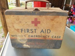 Vintage 1940s Era Woods Emergency First Aid Kit Metal Box,  Johnson & Johnson