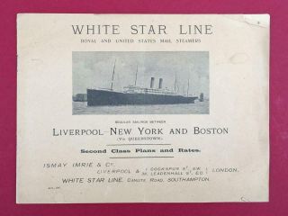 White Star Line 2nd Class Plans & Rates Liverpool York & Boston Aug.  1907.