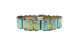 Antique Art Deco Egyptian Revival 935 Silver Blue Enamel Panel Bracelet