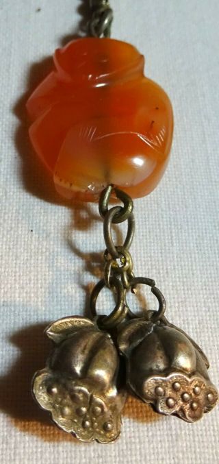 An Antique Chinese Silver Charm Pendant With Carved Agate Carnelian Monkey