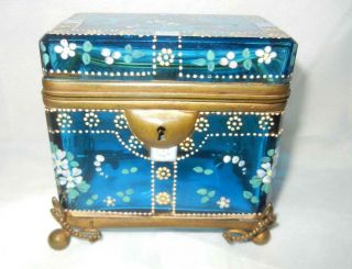 Antique Victorian Bohemian Moser Blue Enameled Glass Jewelry Box Casket Ormolu
