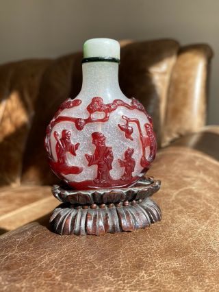 18th/19th Century Chinese Red And White Peking Glass Snuff Bottle Jadeite Top
