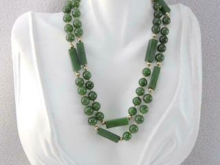 Antique 14k Gold Carved Green Jade Bead Necklace Round & Square Beads 29 "