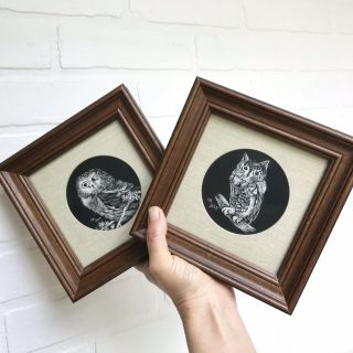 Vintage Owl Art Drawings Framed And Matted Black And White Set Of 2 6.  5 " X 6.  5 "