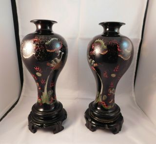Antique Chinese Foochow Fuzhou Hand Painted Black Lacquered Wood Vase Two