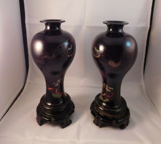 Antique Chinese Foochow Fuzhou Hand Painted Black Lacquered Wood Vase Two 2