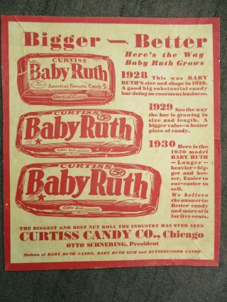 Old Vintage 1930 Baby Ruth Candy Bar Advertising Cardboard Sign