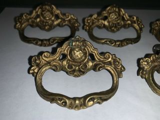 Set Of 6 Ornate Vintage Gold Antiqued Brass One Hole Cabinet Pulls