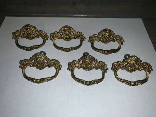 Set Of 6 Ornate Vintage Gold Antiqued Brass One Hole Cabinet Pulls 2