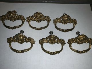 Set Of 6 Ornate Vintage Gold Antiqued Brass One Hole Cabinet Pulls 3