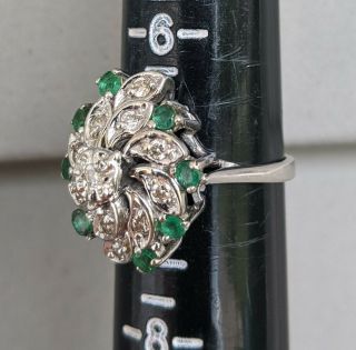 Antique 14k Solid White Gold Diamond Emerald Cluster Cocktail Ring 5.  4 Gms,  Sz 7