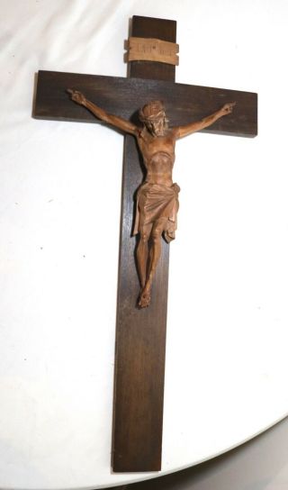 Large Antique Hand Carved Wood Religious Jesus Crucifix Cross Sculpture Folk Art