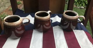 Vintage 3 Mccoy Pottery Brown Drip Glaze Round Mugs Coffee Cups 7025