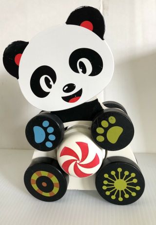 Vtg Toys R Us Imaginarium Push & Go Wooden Painted Panda Head & Wheel Movement