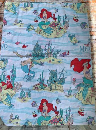 Vintage 90’s Disney The Little Mermaid Twin Flat Bed Sheet Fabric 67” X 92”