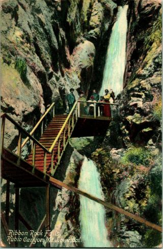 Vtg 1909 Postcard Ribbon Rock Falls Wood Staircase Rubio Canyon,  Mt.  Lowe Ca