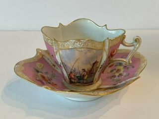 Antique Dresden Porcelain Hand Painted Quatrefoil Cup And Saucer
