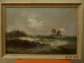 Antique 19th Century " Stormy Ocean " Oil Painting By Carl Locher