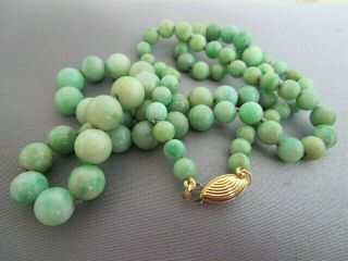 Antique Chinese Jadeite Jade Bead Necklace,  14k Clasp.  Circa 1920s Stringing