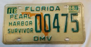 1988 Florida License Plate Pearl Harbor Survivor 00475 Military Veteran Ww2