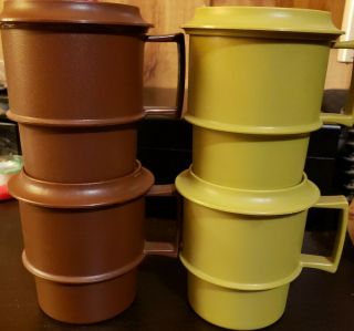Vintage Tupperware Coffee Mugs Harvest Colors With Lids Set Of 4 Camping Plastic