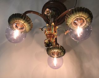 Antique 1890 Vtg Brass 3 Arm Chandelier Victorian Art Deco Nouveau Hanging Light