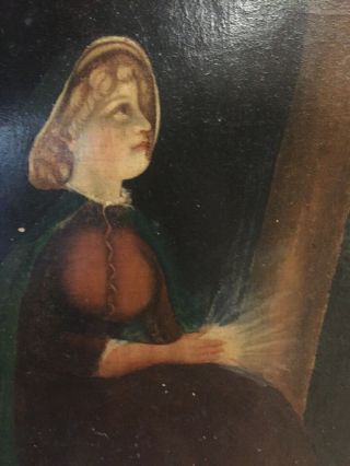 Antique Portrait Oil Canvas Painting Young Girl With Light Emitting From Hands 2