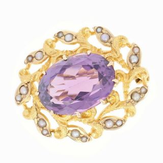 Edwardian Amethyst & Seed Pearl Halo Brooch - 14k Gold Antique Pin Oval 6.  40ct