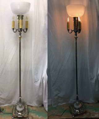 Antique Vtg Floor Lamp Art Deco Torchiere 3 Arm Candlestick Onyx Gold Silver 2